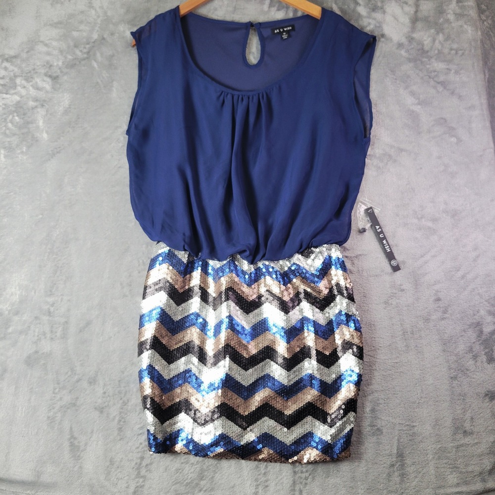 As U Wish Navy Blue Sequin Chevron Mini Dress M Cocktail Night Out Party NWT
